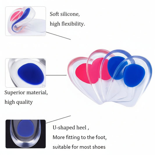 Silicone heel cups with text highlighting features on a white background
