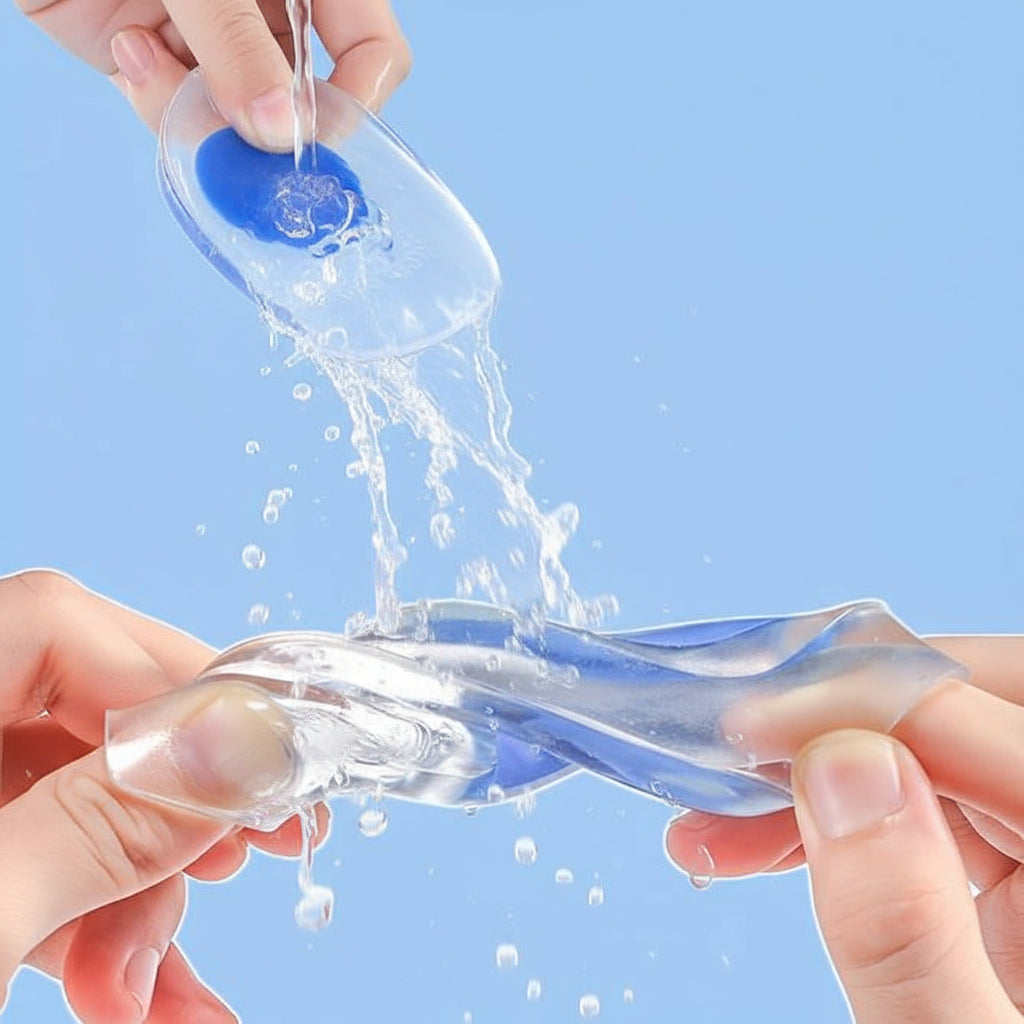 Clear gel being stretched between two hands with a blue gel ball above on a light blue background
