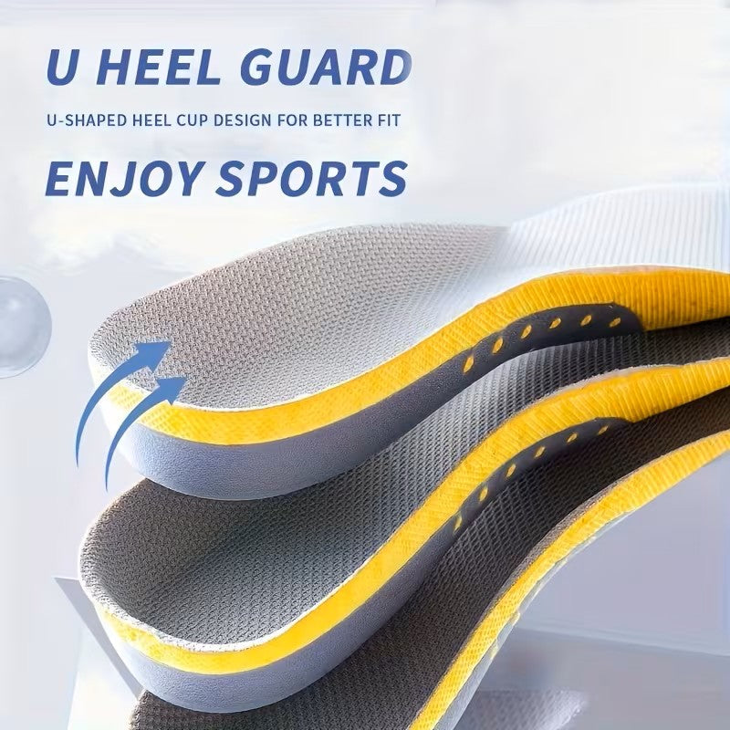 Gray and yellow U-shaped heel guard with text on a light gray background