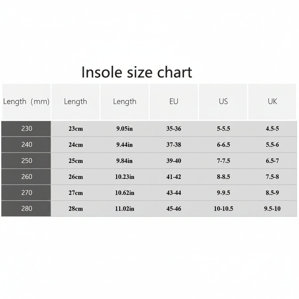 Insole size chart with measurements in millimeters, centimeters, EU, US, and UK sizes.