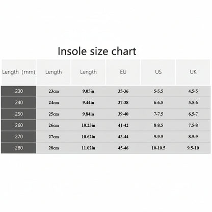 Insole size chart with measurements in millimeters, centimeters, EU, US, and UK sizes.