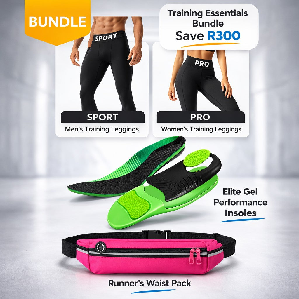 Training Essentials Bundle with men's and women's training leggings, green insoles, and pink waist pack on a gray background.