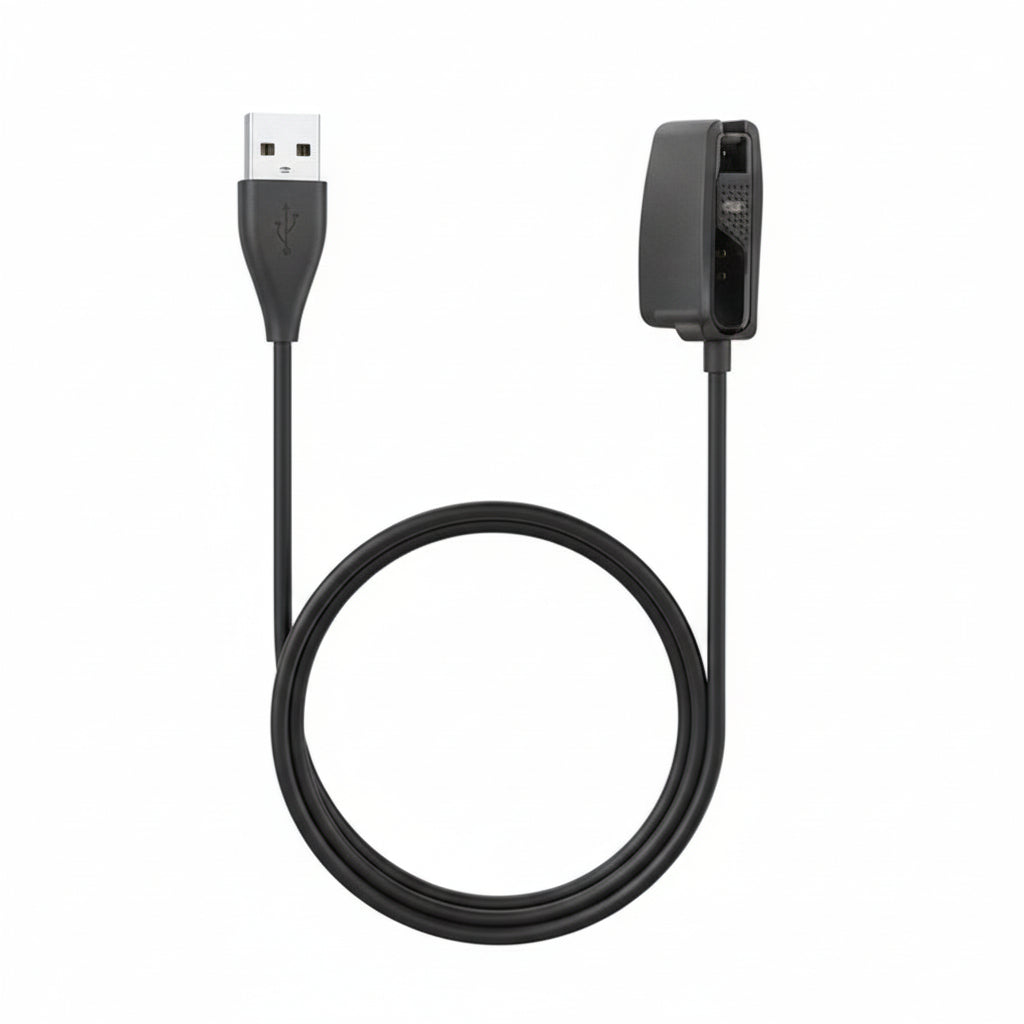 Black USB cable with a charging device on a white background