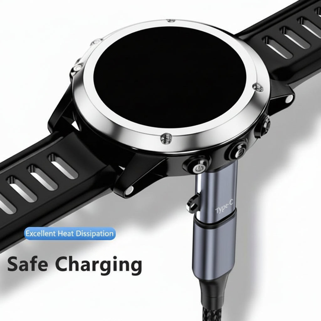 Smartwatch with charging cable on a white background