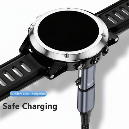 Smartwatch with charging cable on a white background