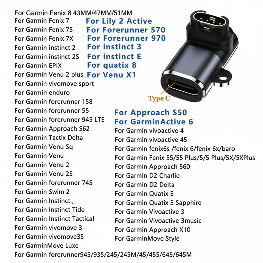 List of compatible devices for a charging adapter with product names on a white background.