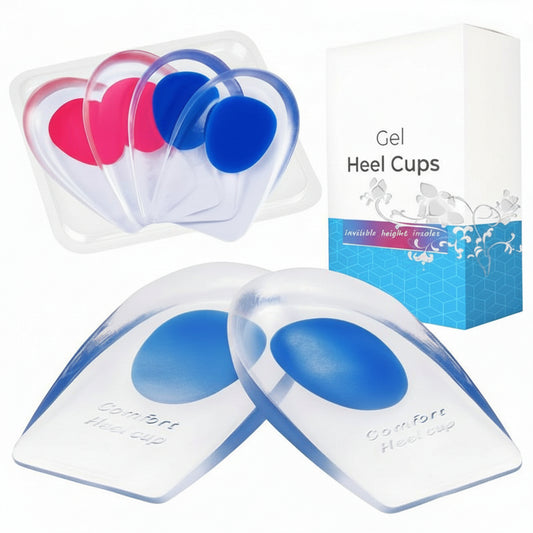 Gel heel cups with a box labeled 'Gel Heel Cups' on a white background