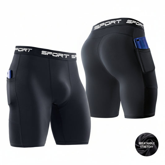 Black athletic shorts with blue accents and 'Sport' branding on a white background.