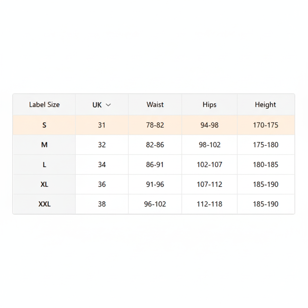 Size chart for clothing with label size, UK, waist, hips, and height measurements.