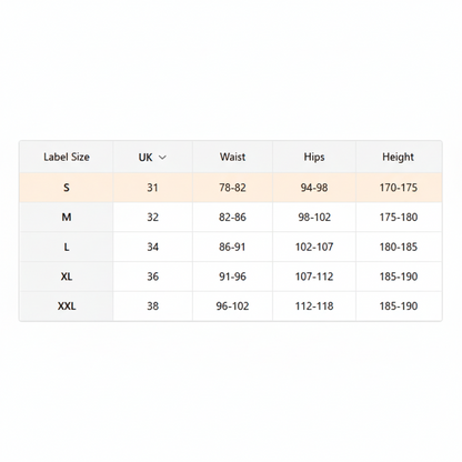Size chart for clothing with label size, UK, waist, hips, and height measurements.