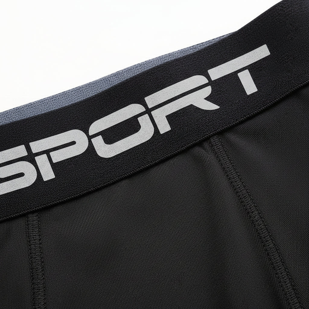Black athletic shorts with a visible brand logo on the waistband against a white background saying sport
