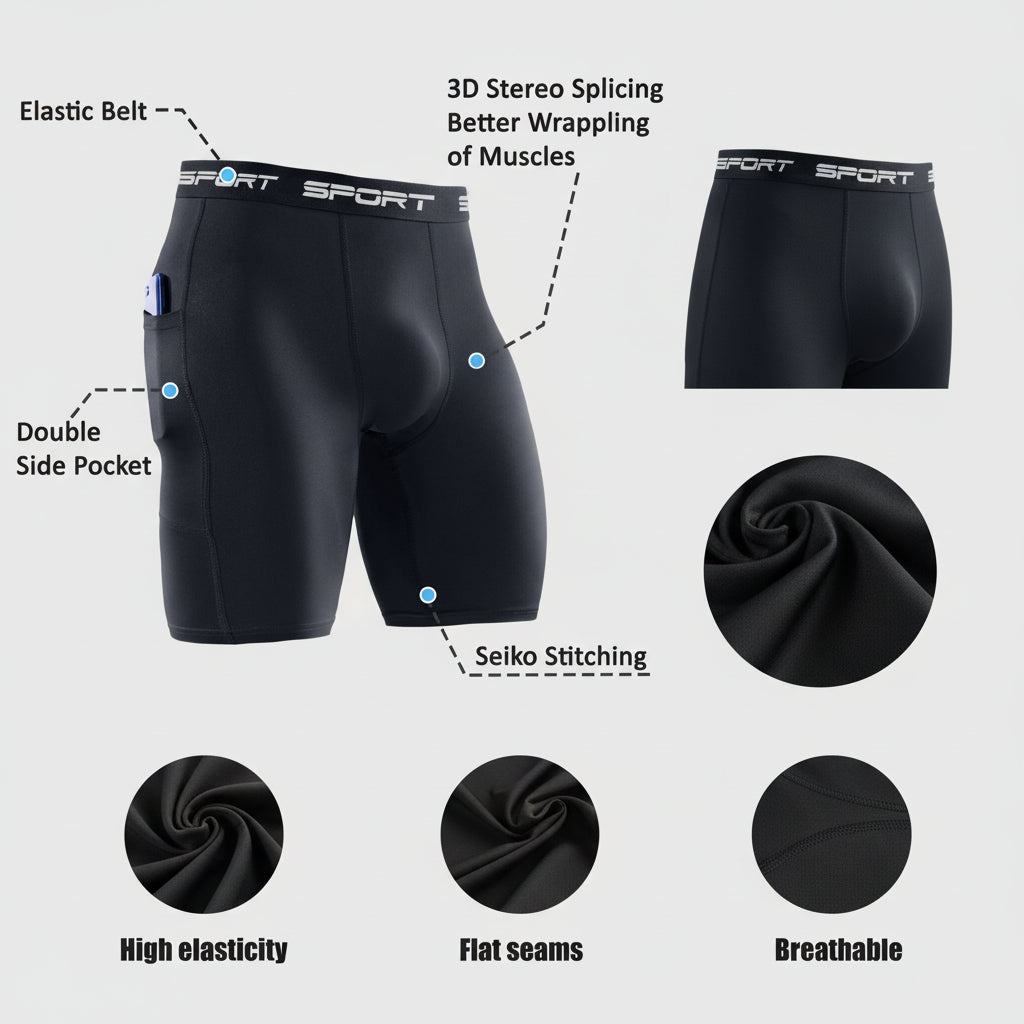 Black athletic shorts with features highlighted on a gray background.
