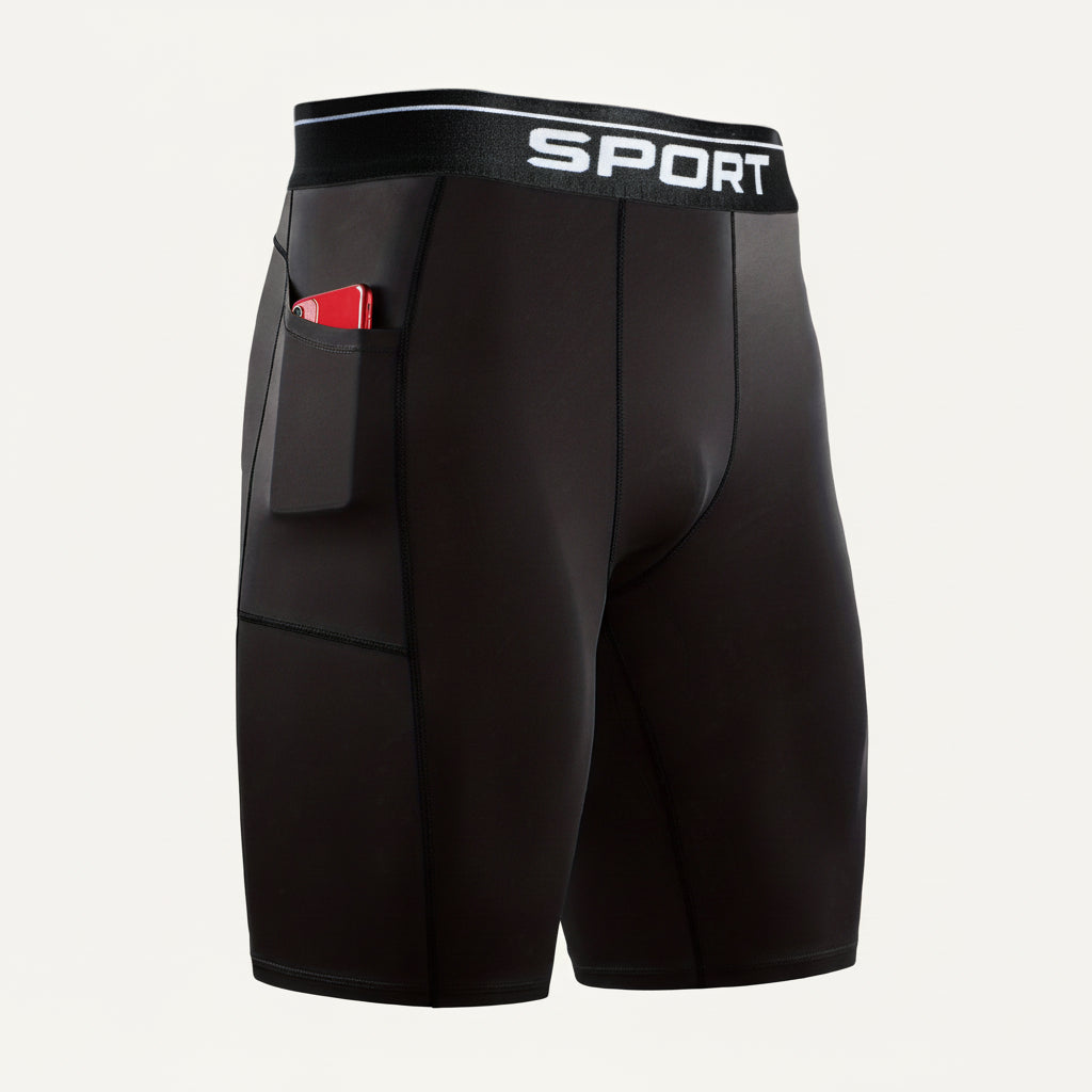 Black athletic shorts with a red pocket and white logo on a white background