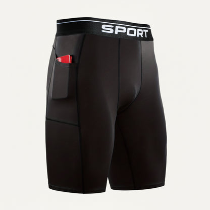 Black athletic shorts with a red pocket and white logo on a white background