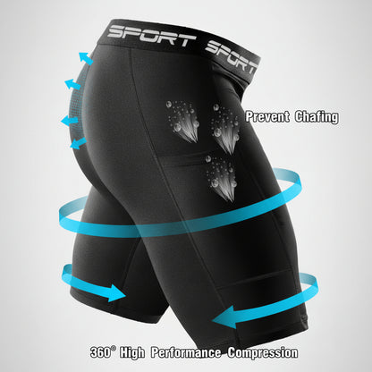 Black compression shorts with text and arrows indicating features on a gray background