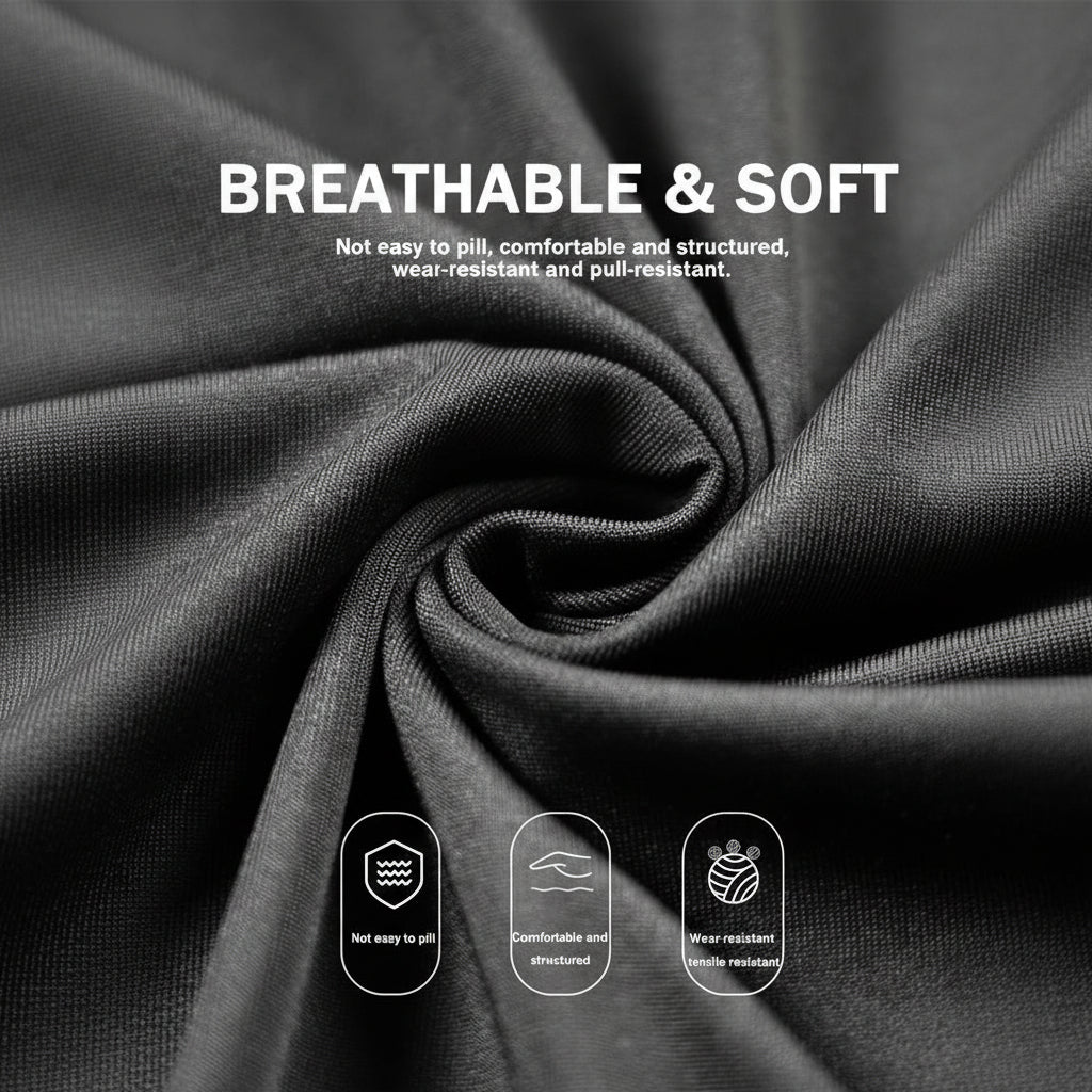 Close-up of dark fabric with text describing its properties on a dark background
