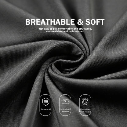 Close-up of dark fabric with text describing its properties on a dark background