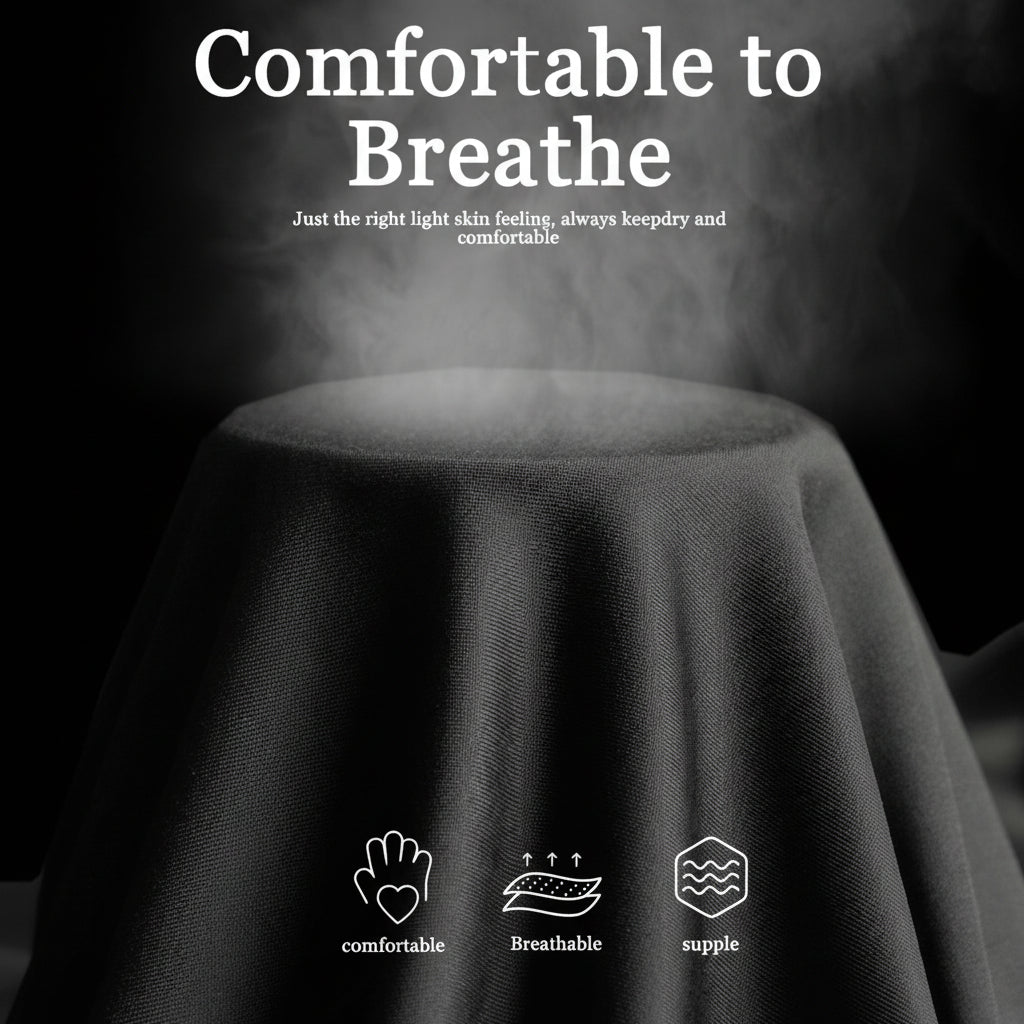 Text 'Comfortable to Breathe' with smoke effect on a dark background, featuring icons for comfort, breathability, and softness.