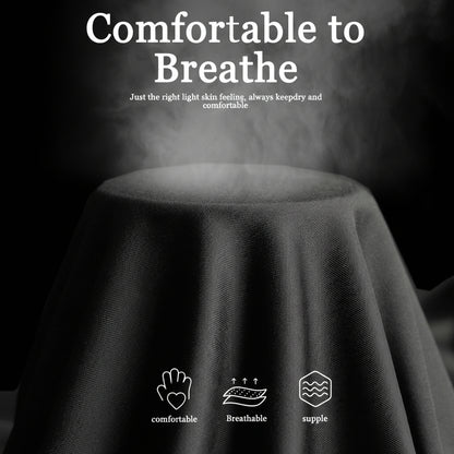 Text 'Comfortable to Breathe' with smoke effect on a dark background, featuring icons for comfort, breathability, and softness.