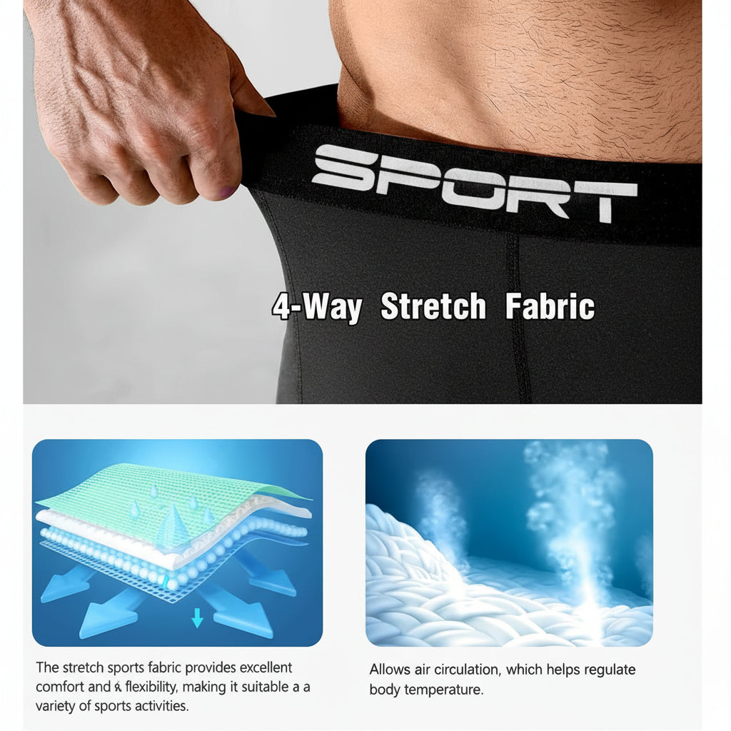 Black sports underwear with 'Sport' branding, highlighting 4-way stretch fabric features.