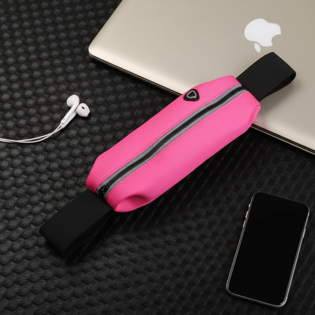 Pink waist bag on a black textured surface with a laptop, mouse, and earphones.
