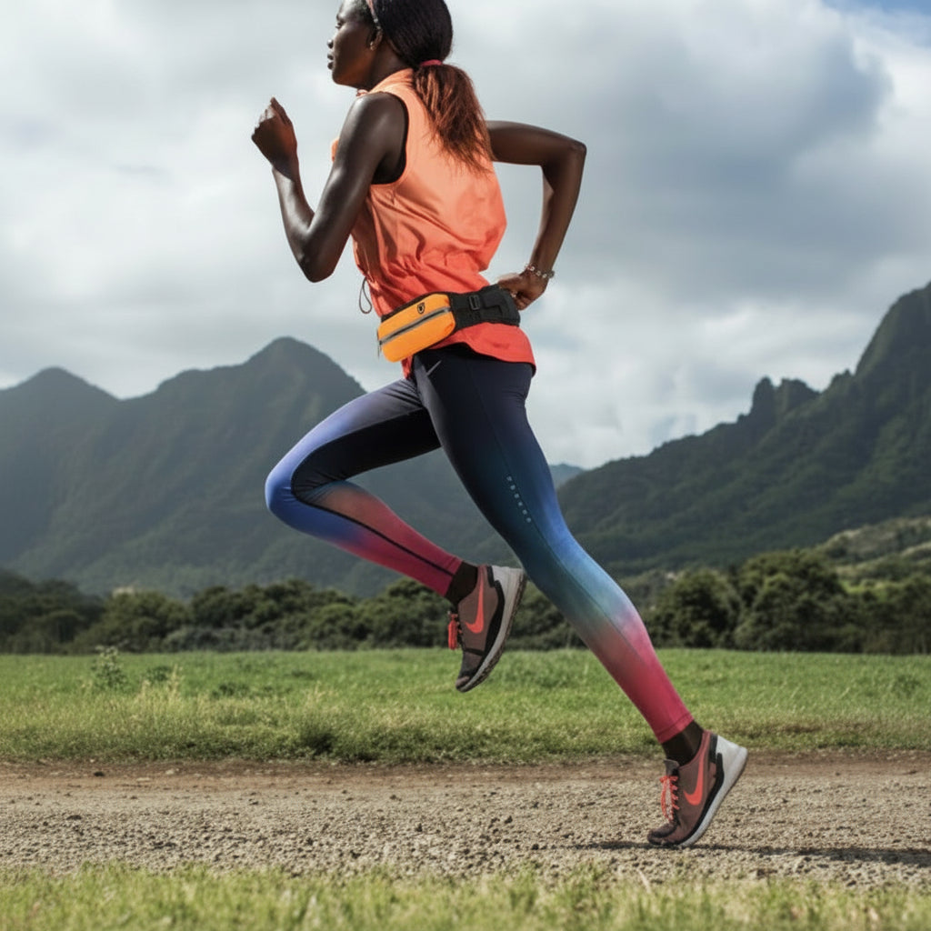 Person running with an orange waist bag on a mountain trail
