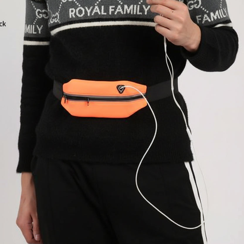 Person wearing a black sweater with a blue fanny pack and white earphones.