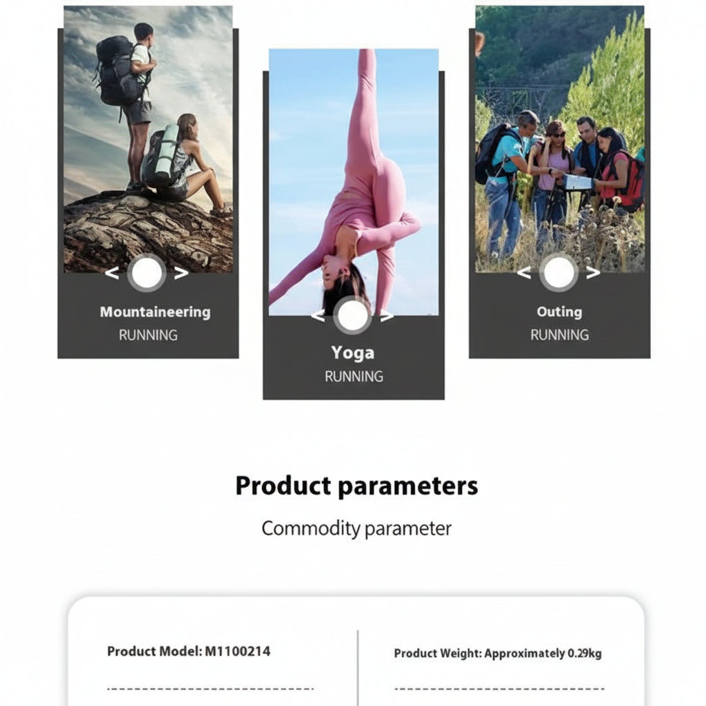 Product advertisement with images of people engaging in different activities and product details.