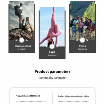 Product advertisement with images of people engaging in different activities and product details.