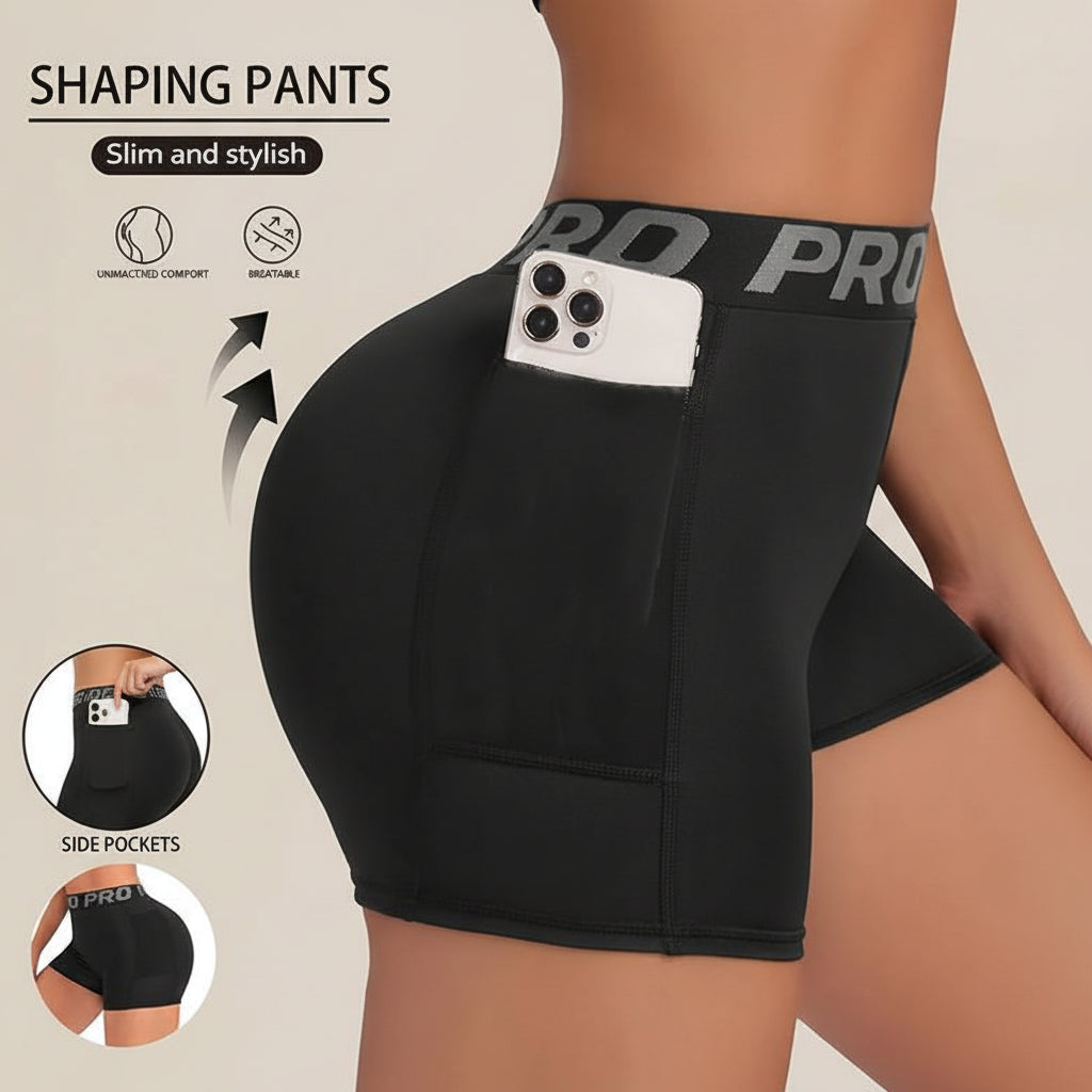 Black shaping pants with side pockets on a beige background