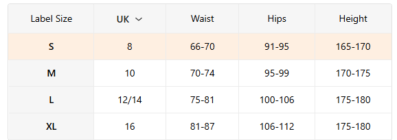 Size chart for clothing with label size, UK, waist, hips, and height measurements.