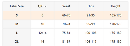 Size chart for clothing with label size, UK, waist, hips, and height measurements.