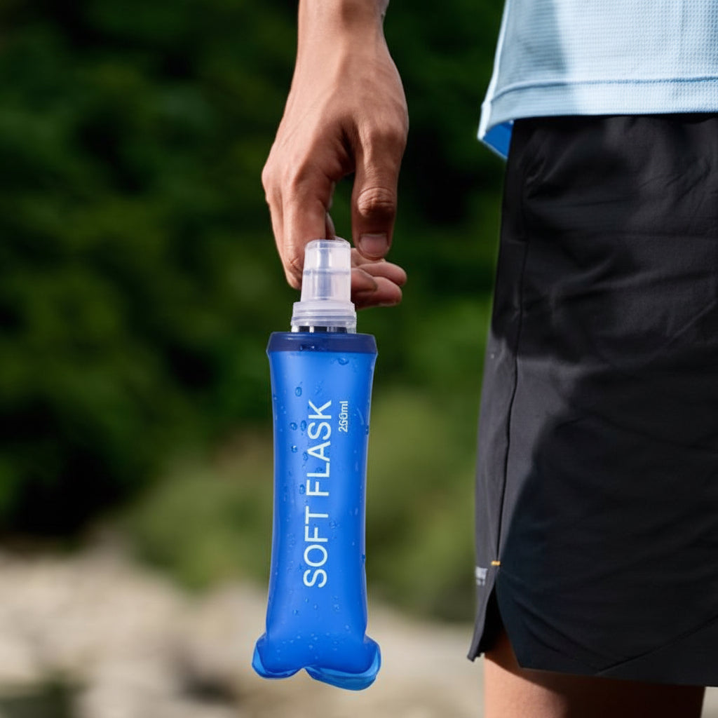 Blue SOFT FLASK being held by a person outdoors