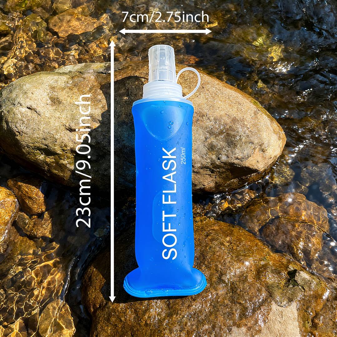 Blue soft flask with measurements against a natural background
