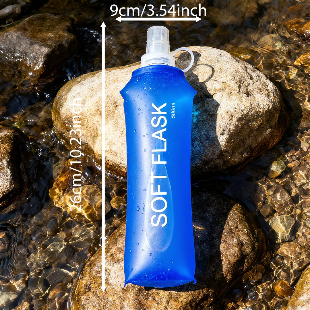 Blue soft flask on rocks with measurements indicated