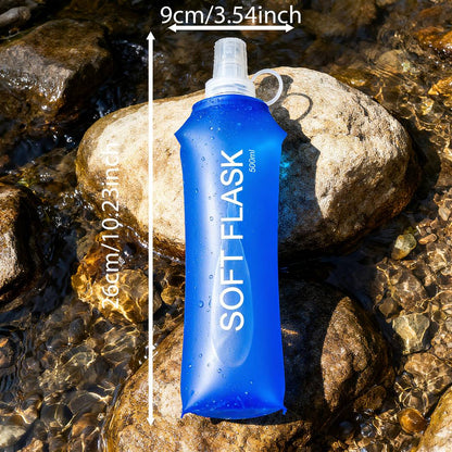 Blue soft flask on rocks with measurements indicated