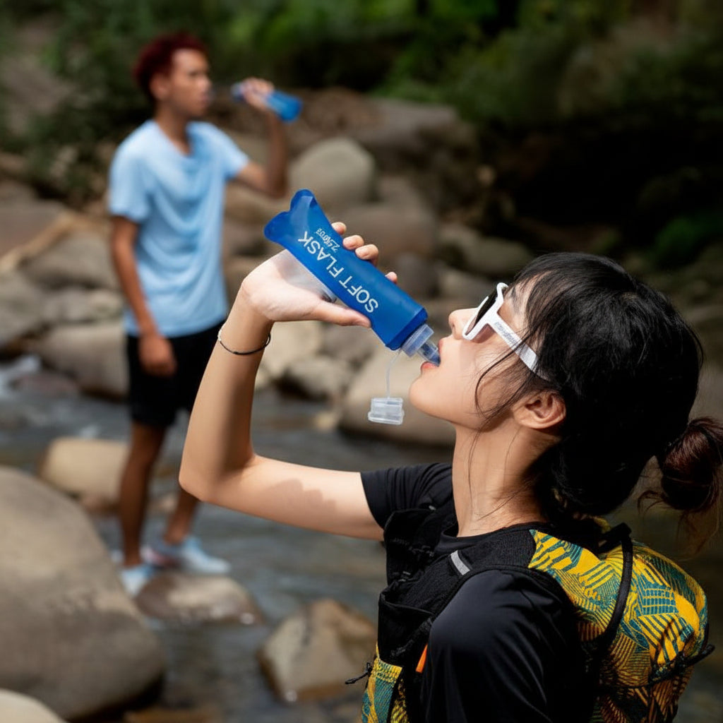 Person drinking from a SOFT FLASK water bottle by a stream